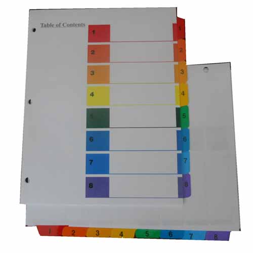 Color coded index dividers, numbered 1-8 (25 sets per carton)
